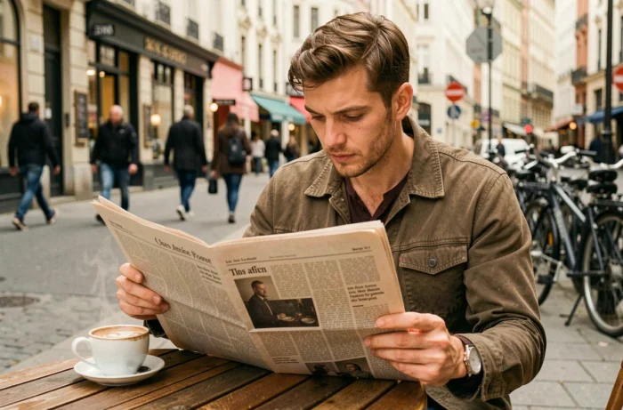 Homme lisant un journal imprimé en terrasse de café dans une rue animée