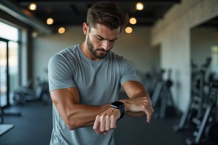 Homme sportif analysant une montre GPS connectée dans une salle de fitness moderne et tendance