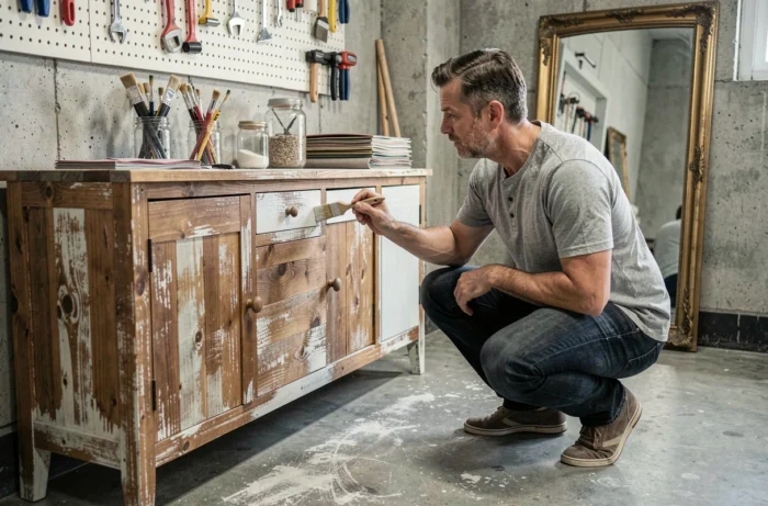 Homme en train de relooker un meuble en bois avec de la peinture craie dans un atelier de bricolage
