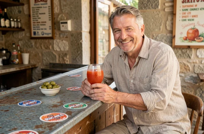 Homme d'âge moyen tenant un verre de Ricard tomate dans un café de village provençal, apéritif traditionnel français avec olives et sous-verre