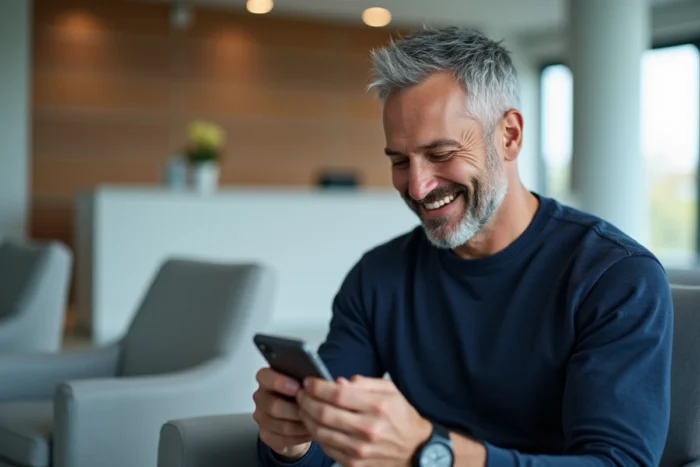 Homme consultant son compte Medistory sur smartphone dans une salle d'attente médicale