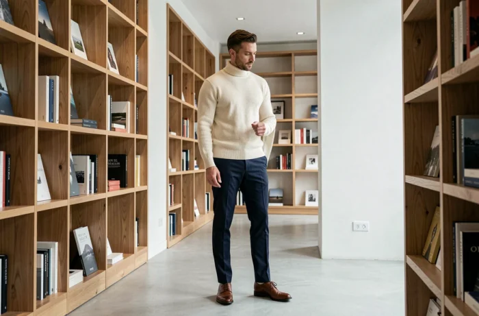 Homme au style élégant en col roulé ivoire et pantalon marine dans une librairie minimaliste contemporaine