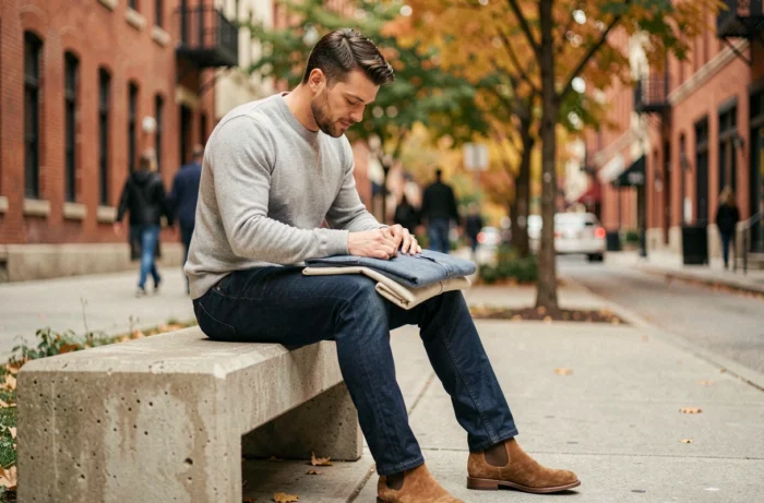 Homme en pull col rond gris évaluant des vêtements sur un banc urbain en automne, illustrant comment affirmer son style masculin avec les bons choix vestimentaires