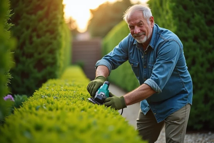 Homme utilisant un taille-haie électrique filaire pour tailler une haie de buis dans un jardin entretenu