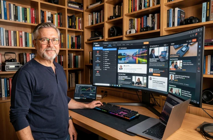 Homme passionné de technologie analysant des flux d'informations sur plusieurs écrans dans un bureau à domicile