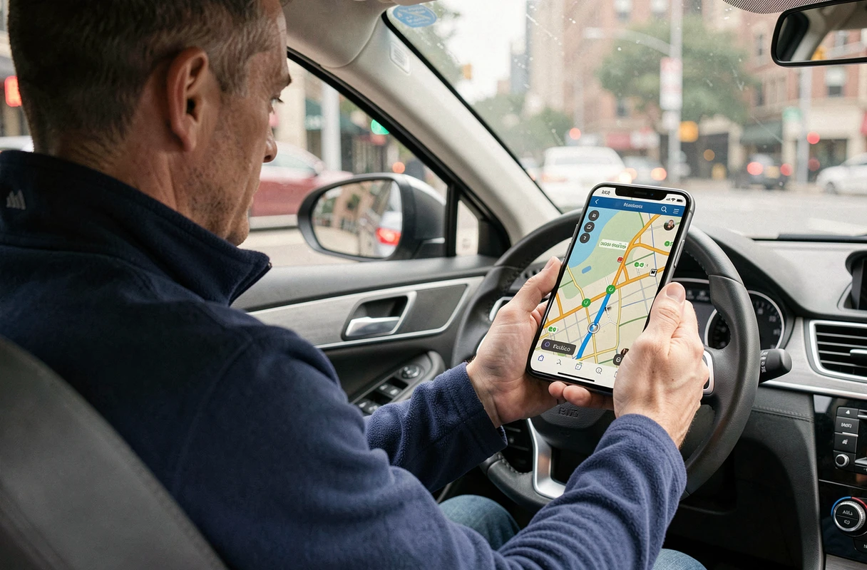 Homme en voiture consultant un itinéraire exporté depuis ViaMichelin sur son smartphone fixé au tableau de bord