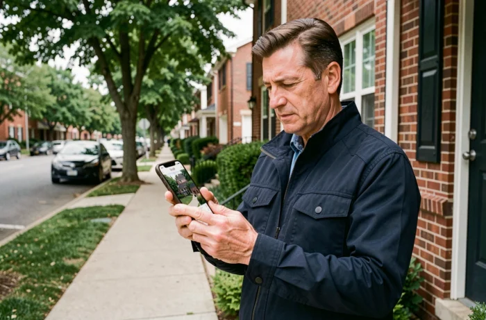 Homme debout dans une rue résidentielle comparant une vue satellite sur smartphone avec une maison réelle