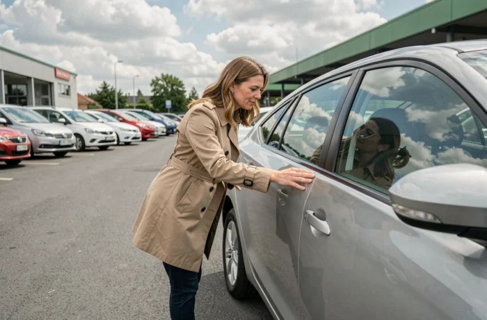 Femme inspectant une voiture d'occasion dans un parking de concession automobile professionnelle en plein air