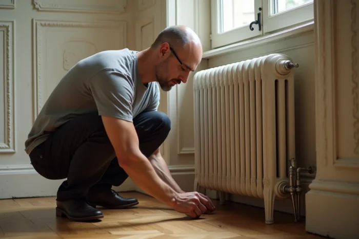 Homme installant un pied de support pour radiateur en fonte sans percer les murs dans un appartement haussmannien