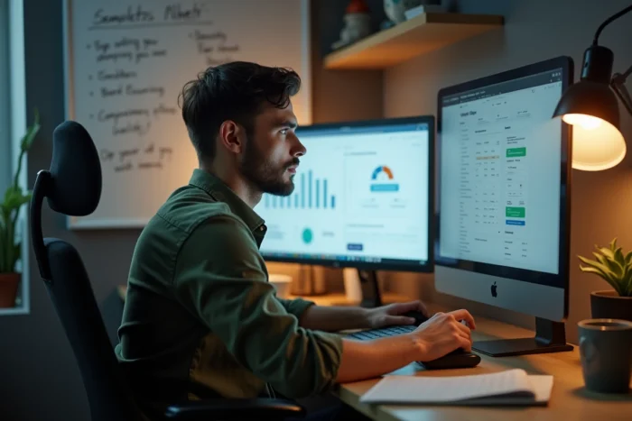 Jeune entrepreneur de TPE travaillant sur des plateformes B2B innovantes depuis son bureau à domicile