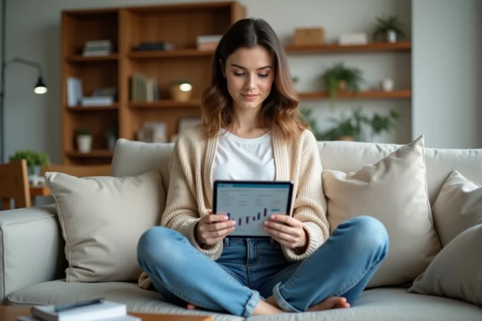 Jeune femme consultant des informations financières fiables sur une tablette depuis son salon confortable