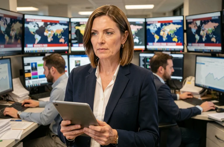 Journaliste professionnelle en salle de rédaction entourée d'écrans d'actualité