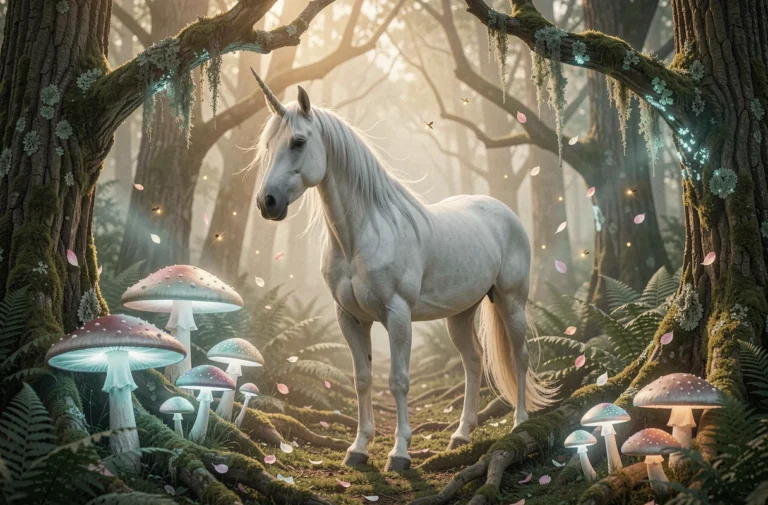 Licorne blanche majestueuse au bord d'une forêt enchantée avec des champignons lumineux et des lucioles féeriques