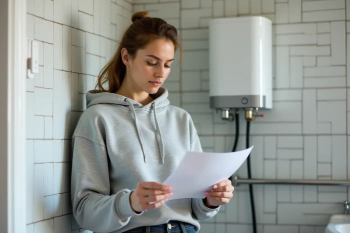 Locataire lisant un document sur l'entretien du chauffe-eau dans la salle de bain de son appartement