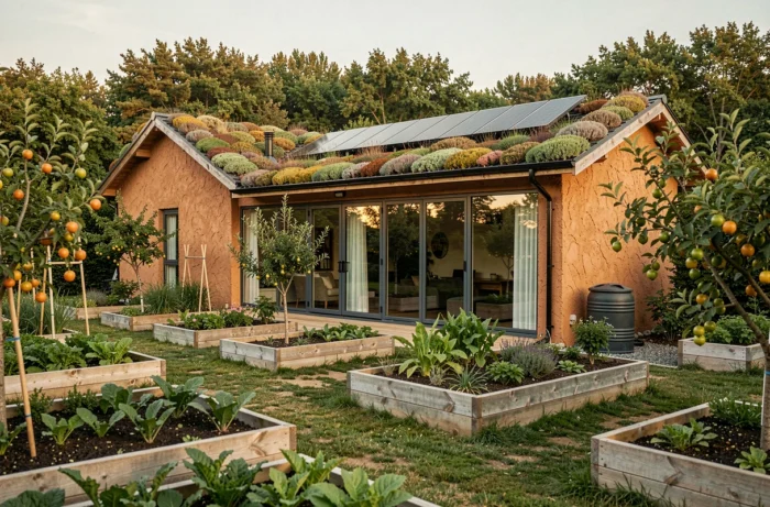 Maison écologique achevée avec toit végétalisé, murs en pisé et jardin en permaculture avec panneaux solaires thermiques