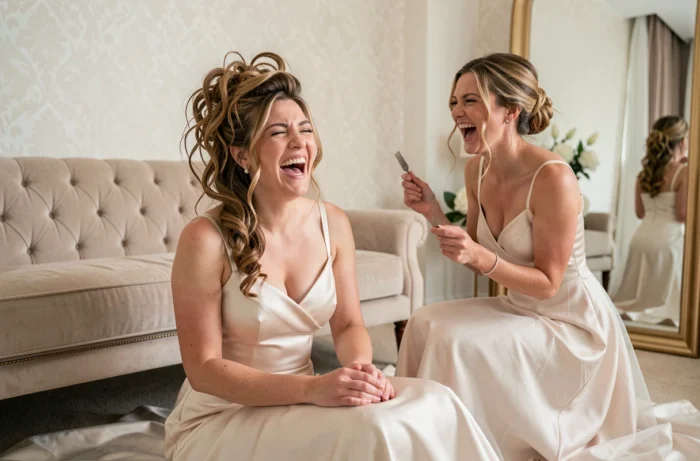 Mariée en fou rire dans la suite nuptiale avec sa coiffure effondrée et sa demoiselle d'honneur amusée