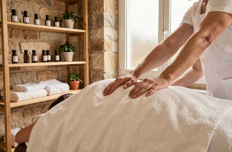 Massage thérapeutique dans un spa parisien élégant, mains expertes sur le dos d'un client drapé de lin blanc