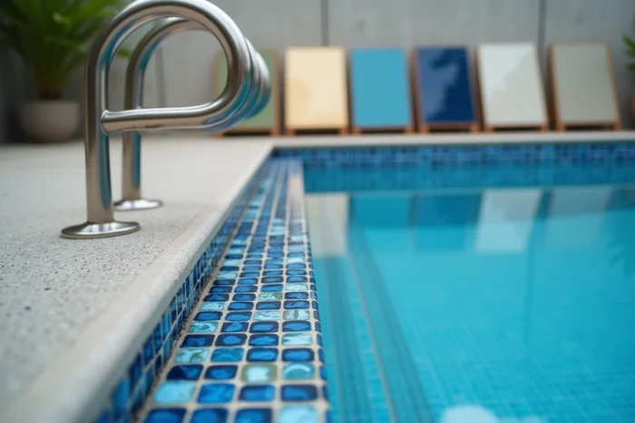 Matériaux haut de gamme pour piscine de luxe : mosaïque en verre, échelle inox et mécanisme de volet automatique présentés en showroom