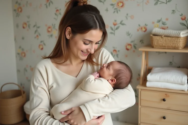 Jeune mère tenant son nouveau-né emmailloté dans une chambre de bébé cosy avec mobilier en bois clair