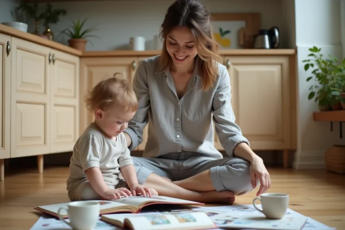 Mère et enfant en bas âge assis sur le sol de la cuisine explorant des livres illustrés ensemble dans un environnement familial chaleureux