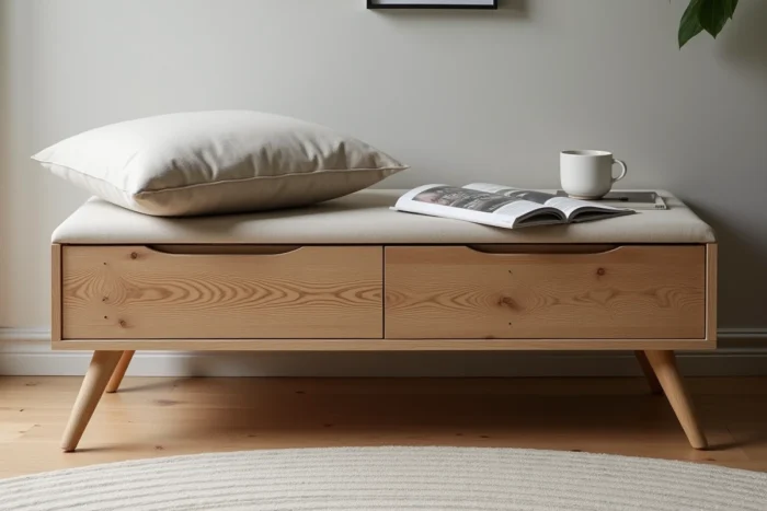 Meuble multifonction à pieds compas en chêne massif dans un petit espace de vie de style scandinave