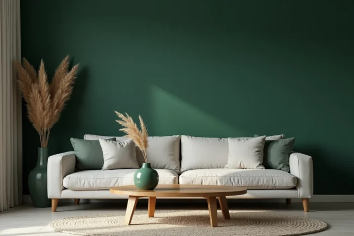 Mur d'accent en vert forêt profond dans un salon nordique avec canapé en lin et vase en céramique devant