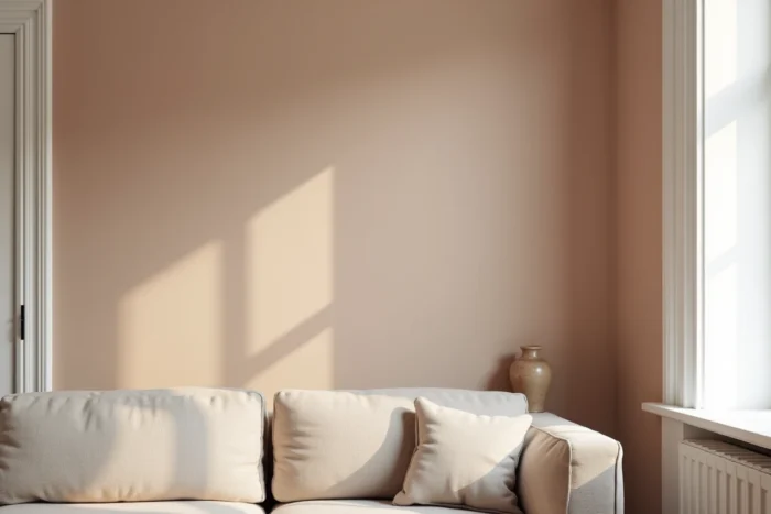 Mur peint en teinte nordique chaude type greige ou argile douce dans un salon scandinave épuré avec canapé en lin