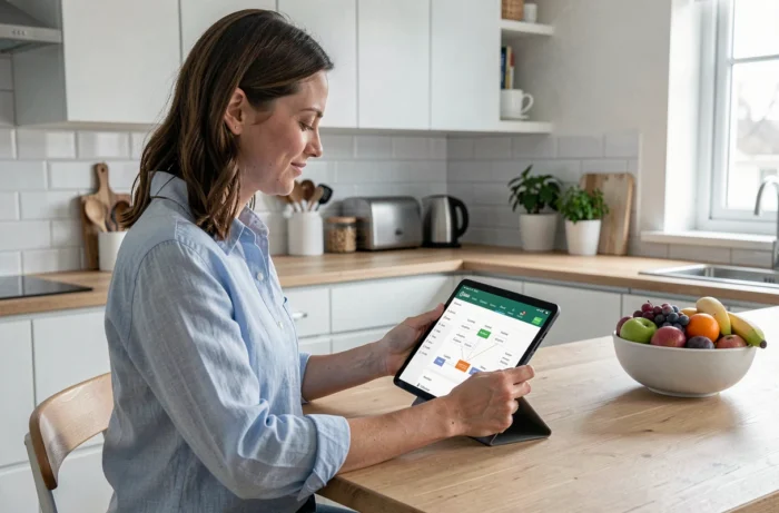 Jeune maman naviguant sur le plan du site d'un blog parental depuis une tablette dans une cuisine moderne