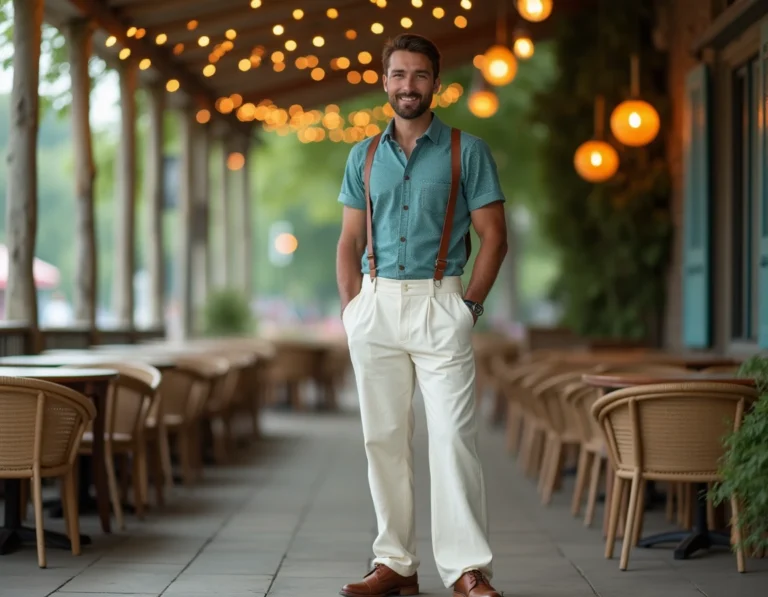 Homme en pantalon guinguette lin crème avec bretelles cuir et chaussures bicolores sur une terrasse rétro estivale