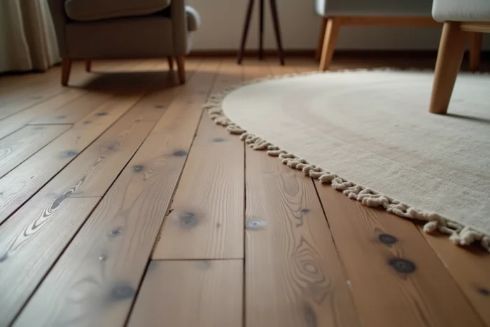 Parquet en bois foncé recyclé avec grain naturel et nœuds apparents dans un intérieur de style nordique minimaliste