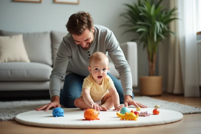 Père jouant avec son bébé de six mois sur un tapis d'éveil coloré dans un salon moderne