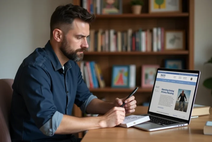 Père consultant des ressources parentales en ligne sur un ordinateur portable à la table familiale avec des notes manuscrites