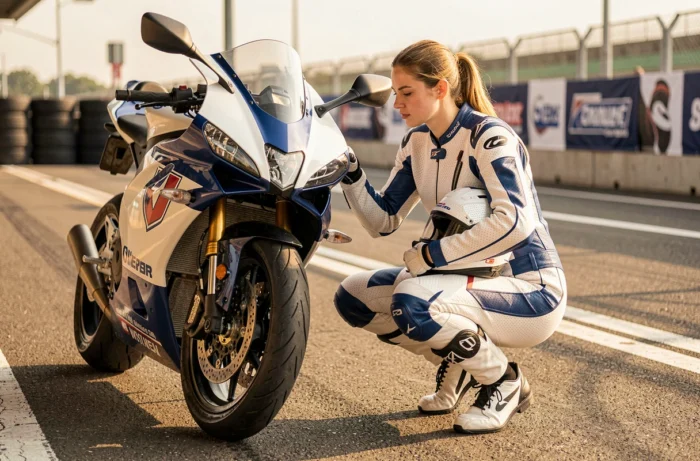 Pilote féminine inspectant une moto sportive sur un circuit de course, options de remplacement de la R1 en 2024