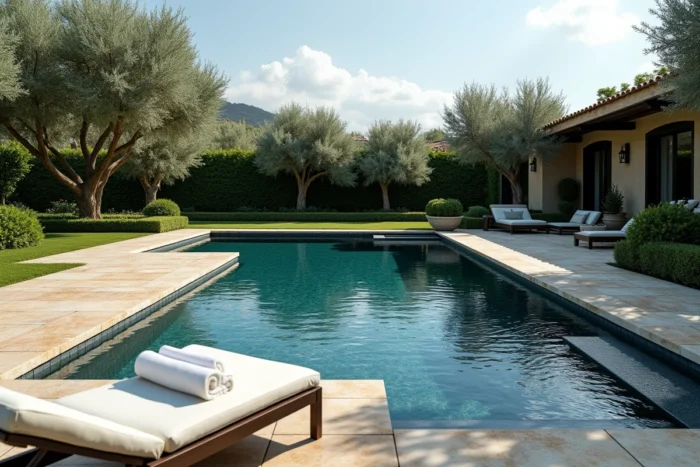 Piscine creusée de luxe avec débordement et spa intégré, entourée d'un dallage en travertin et d'un jardin méditerranéen soigné