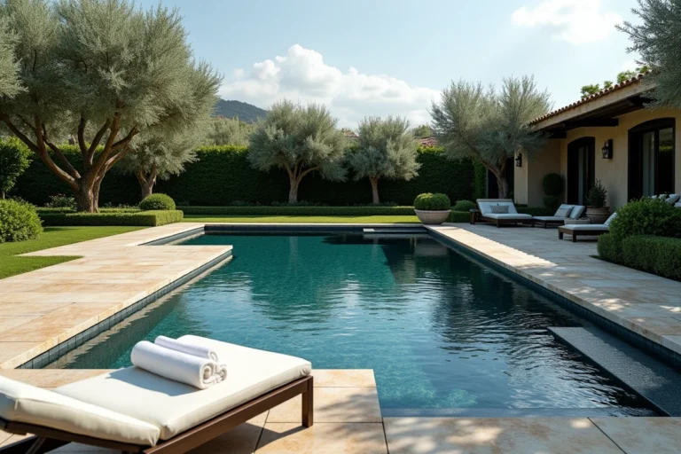 Piscine creusée de luxe avec débordement et spa intégré, entourée d'un dallage en travertin et d'un jardin méditerranéen soigné