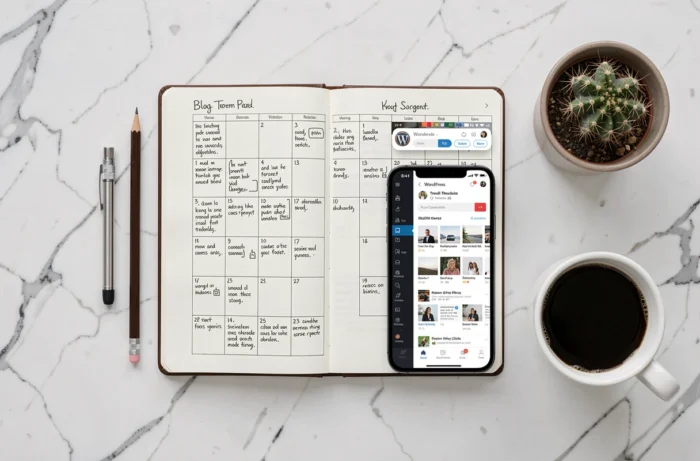 Vue de dessus d'un bureau organisé avec un calendrier éditorial de blog, smartphone et carnet de notes pour planifier du contenu
