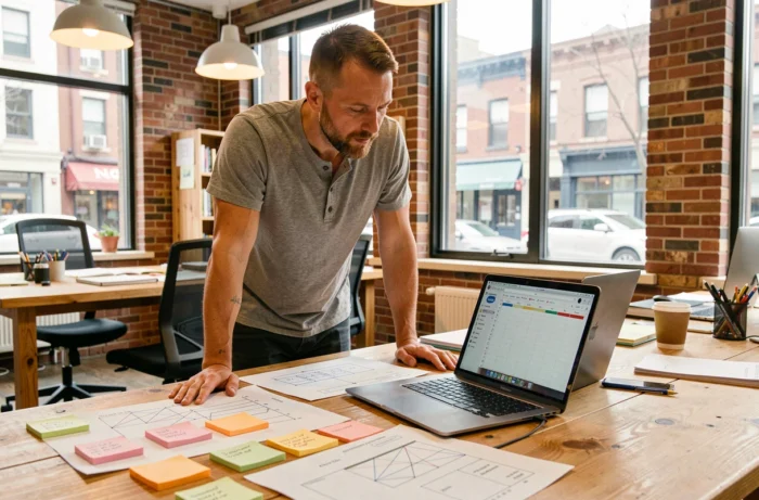Entrepreneur planifiant une stratégie de contenu digital sur un bureau collaboratif avec des notes et wireframes