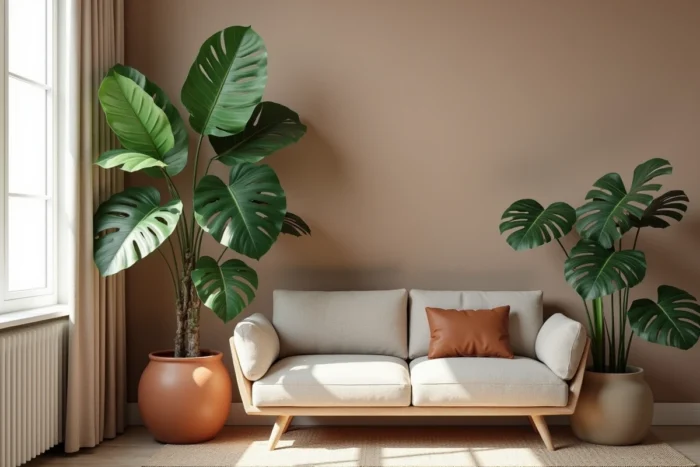 Grandes plantes vertes structurantes comme figuier lyré et monstera dans des pots en terre cuite dans un intérieur nordique