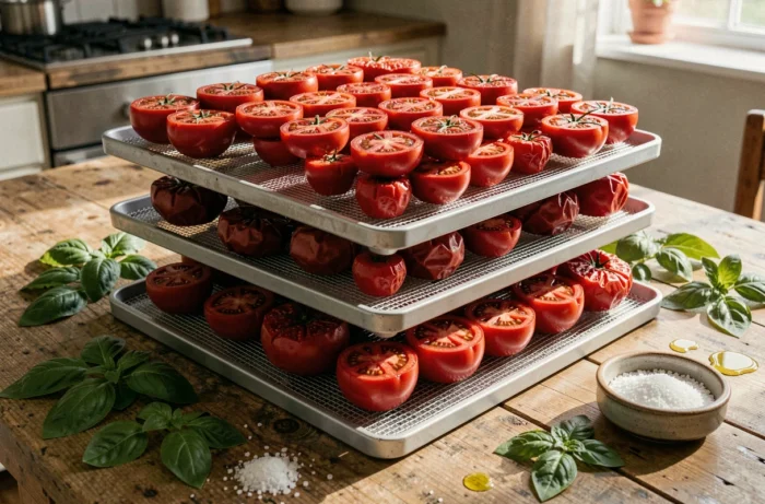 Plateaux de déshydrateur chargés de moitiés de tomates fraîches prêtes à sécher, avec basilic et sel de mer sur une table en bois