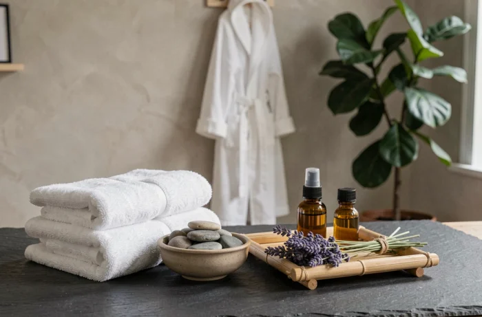 Préparation d'une table de massage dans un studio de bien-être parisien avec huiles essentielles et pierres chaudes