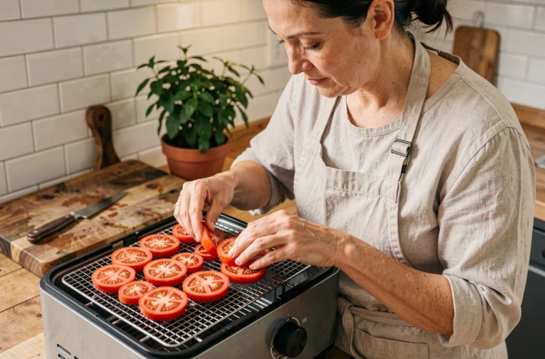 Femme préparant des tomates séchées en les disposant sur les plateaux d'un déshydrateur électrique dans une cuisine rustique