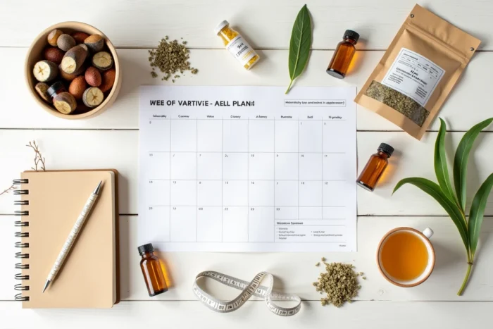 Produits naturels et compléments alimentaires du pack 3 semaines Naturhouse disposés sur fond blanc avec plan de repas