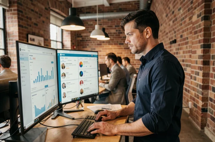 Professionnel masculin suivant les actualités web en temps réel sur double écran dans un bureau moderne