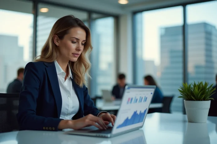Professionnelle consultant des informations financières fiables en ligne sur un ordinateur portable dans un bureau moderne