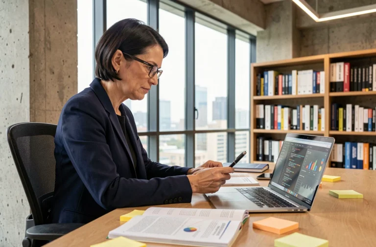 Professionnelle en informatique consultant les dernières tendances technologiques sur son ordinateur portable dans un bureau moderne