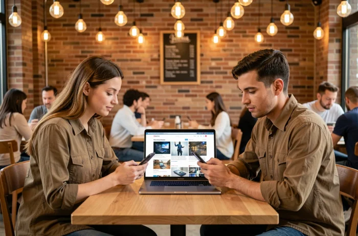 Deux professionnels discutant des tendances technologiques actuelles autour d'un ordinateur portable dans un café urbain