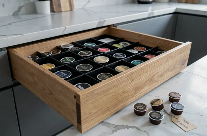 Tiroir de cuisine organisé avec des dosettes de café rangées dans un bac en bois style scandinave