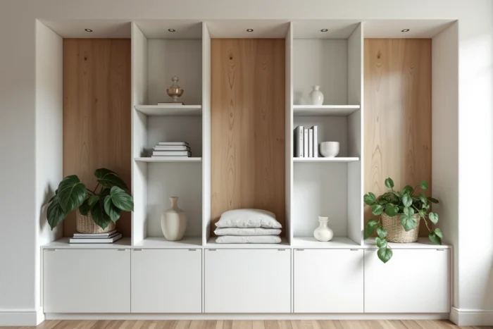 Rangement ouvert en niches ajourées encastrées avec livres, céramiques et plantes dans un intérieur scandinave minimaliste