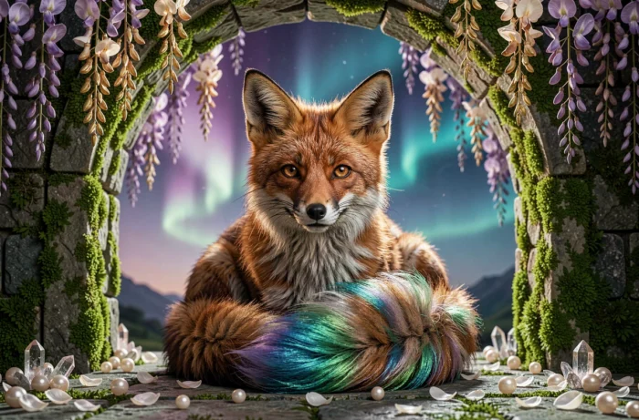 Renard mythique à neuf queues iridescentes sous une arche de pierre couverte de glycines lumineuses et de mousse émeraude