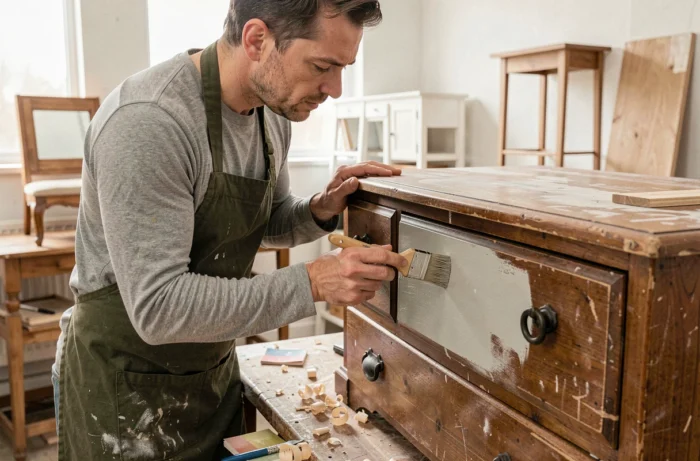 Homme rénovant une commode ancienne avec de la peinture craie dans un atelier de décoration DIY